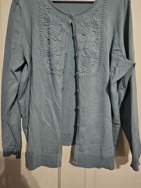 Embroidered Powder Blue Button-Front Cardigan